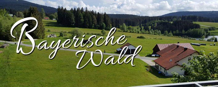 Scenic landscape of Bavarian Forest with green hills, houses, and trees. Text